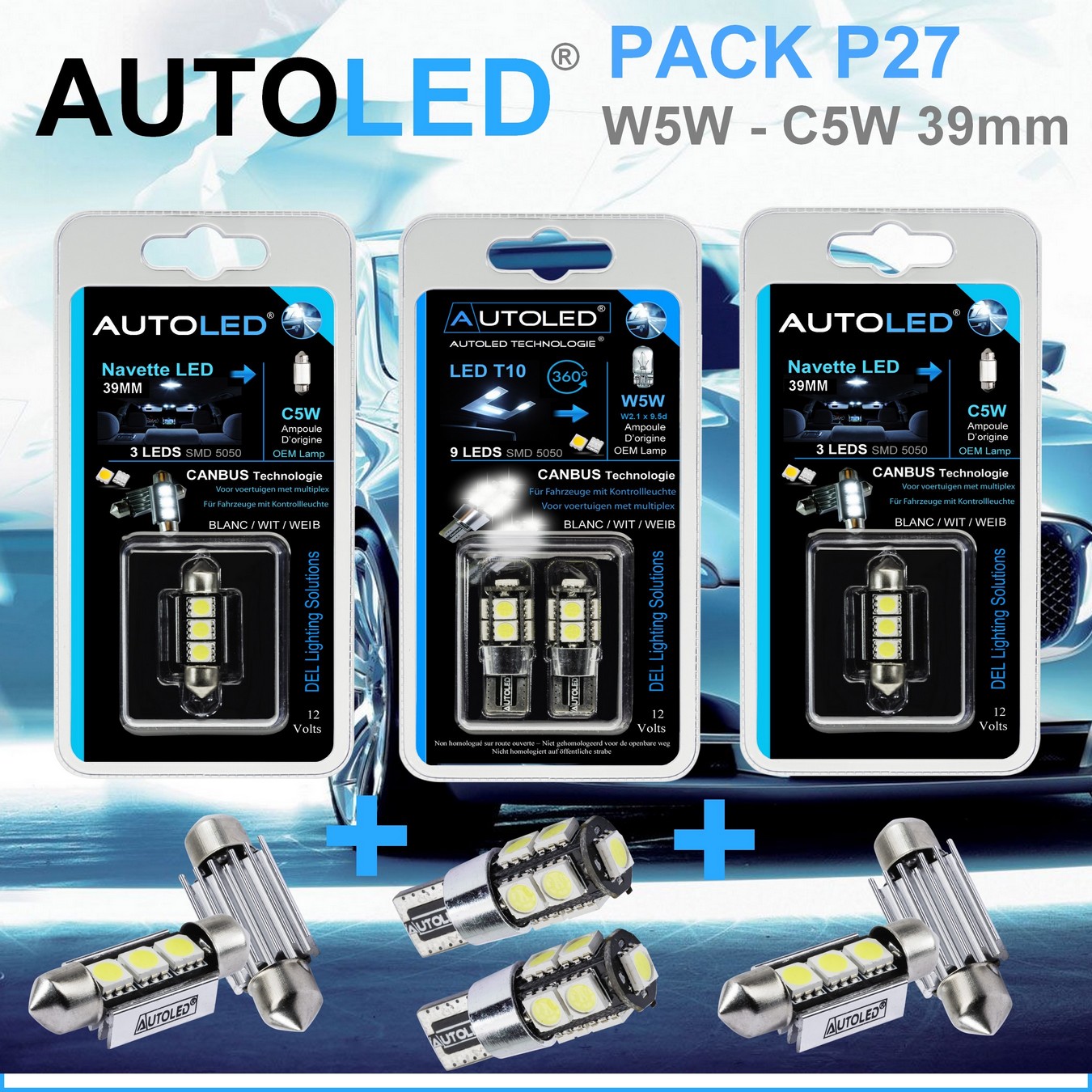 PACK P49 4 Ampoules LED / T10 (w5w) 6 leds + navette C5W 39MM 3