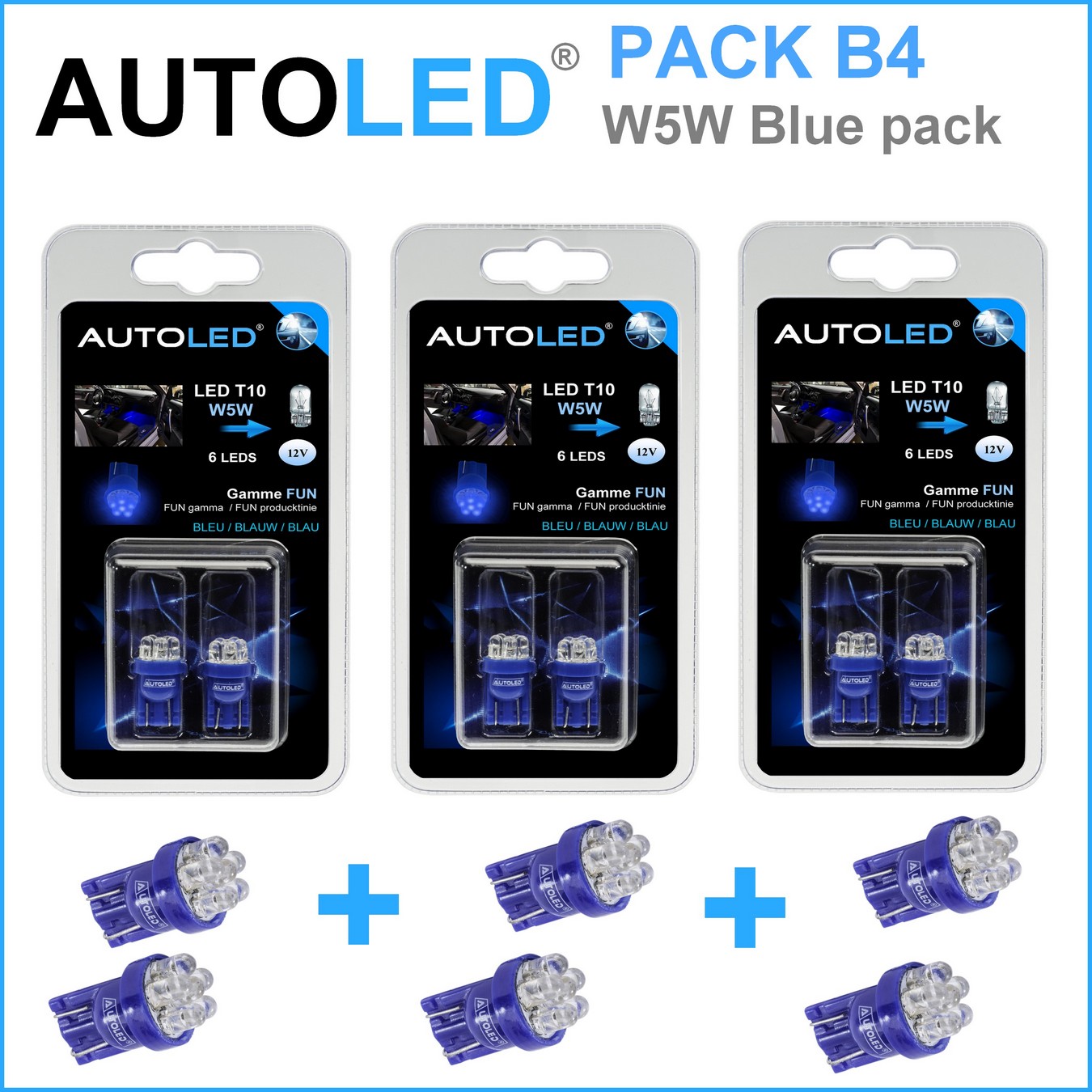 PACK 6 Ampoules LED Bleu W5W (t10) LED Habitacle auto