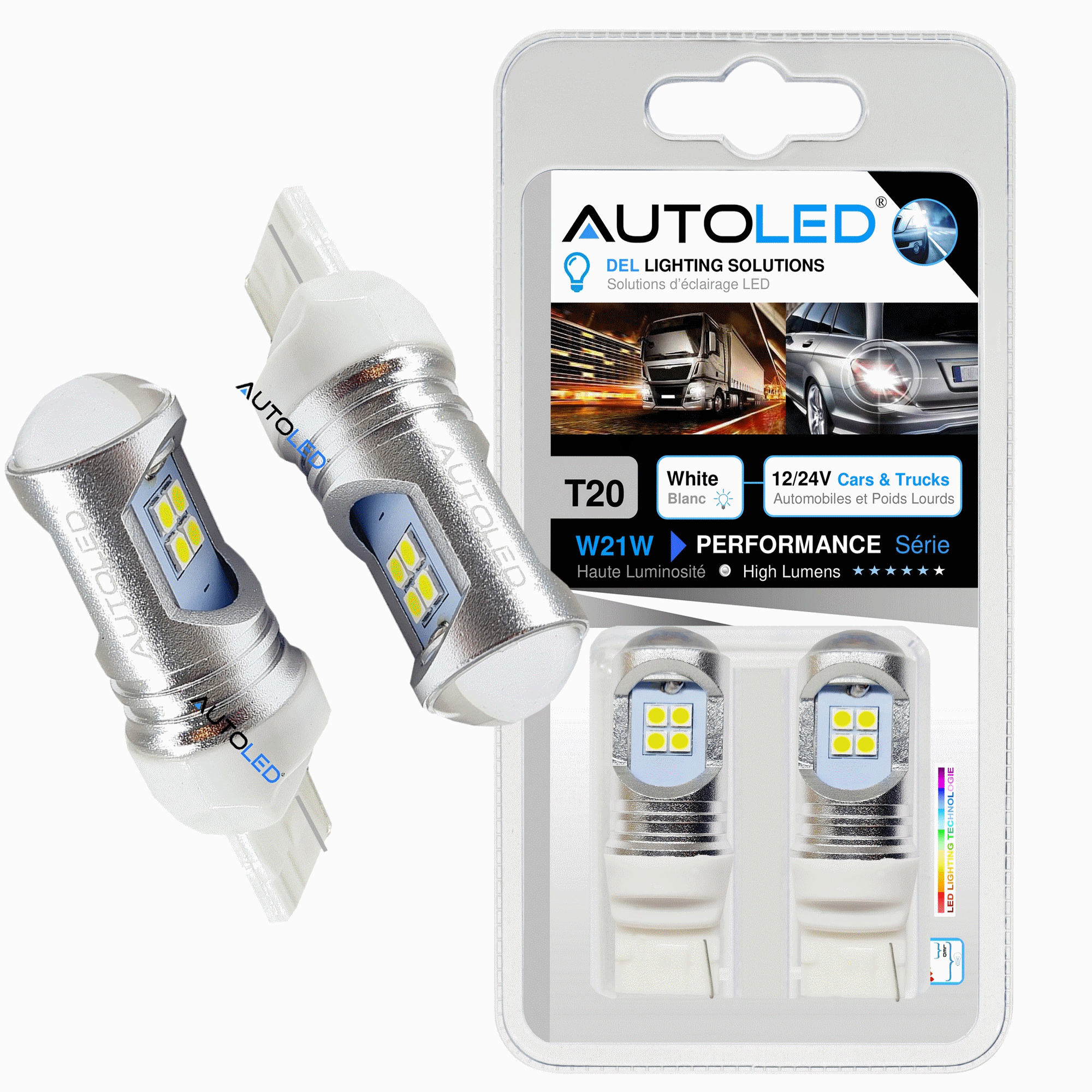 Ampoules T20 LED W21/5W 7443 Canbus 12-24V Blanc